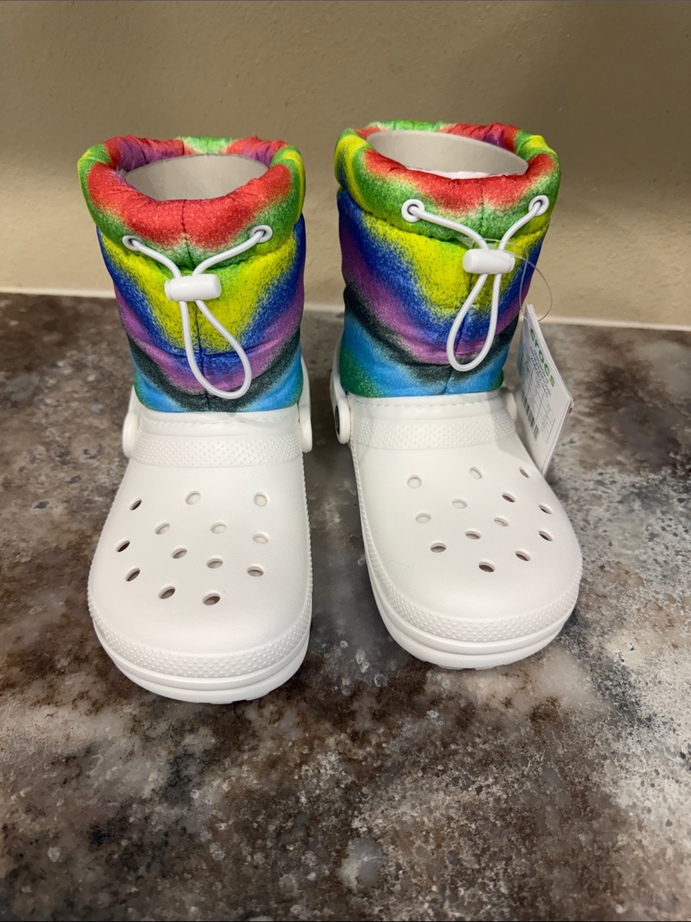 CROCS White Clog Boots with Rainbow Tie-Dye Shaft
